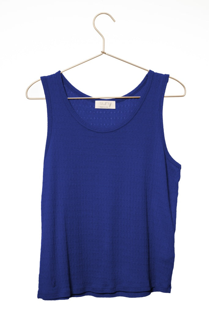 Débardeur suny col rond en coton biologique pour femme fabrication locale et certifiée GOTS bleu outremer bleu lumineux bleu majorelle