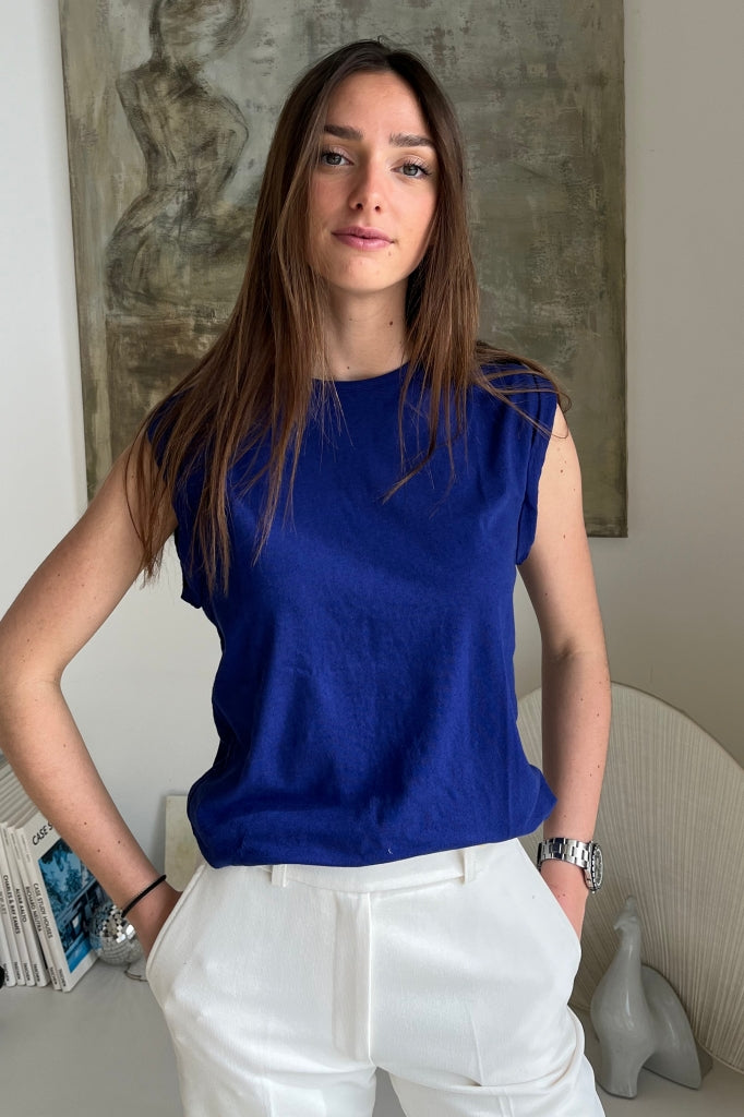 Débardeur femme lin et coton bio col rond coupe droite bleu outremer, bleu lumineux, bleu foncé