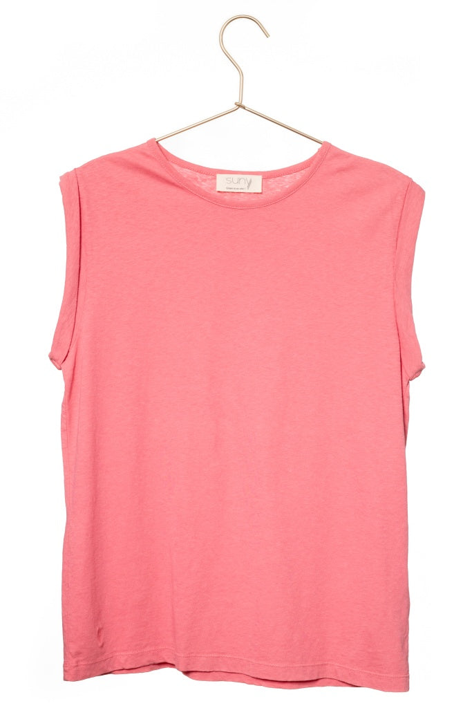 Débardeur suny femme lin et coton bio col rond coupe droite rose rouge framboise