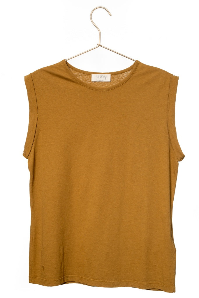 Débardeur suny femme lin et coton bio col rond coupe droite havane, tabac, marron 