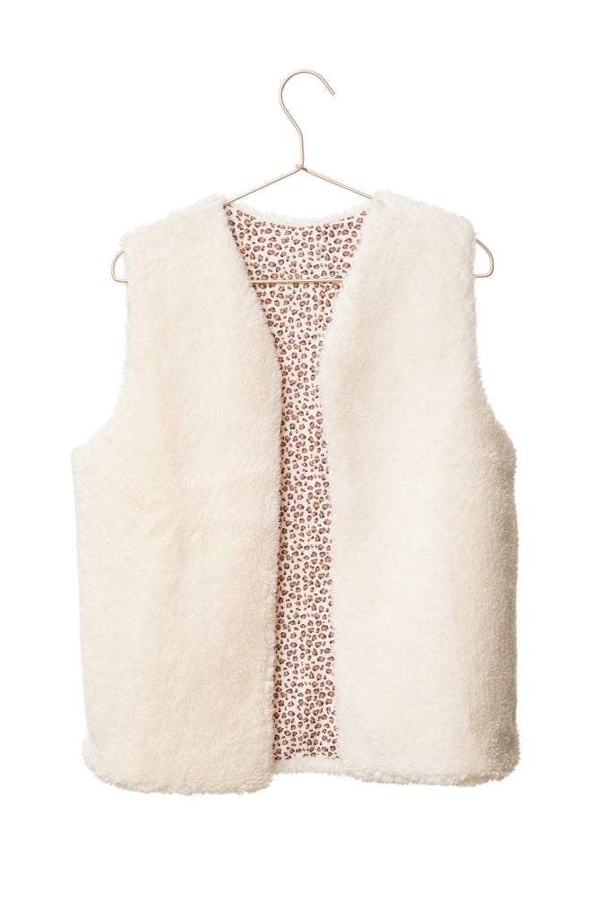  Gilet réversible sans manche en moumoute fausse fourrure veste de berger femme matière upcyclée écru caresse réversible éponge bouclette léopard rose poudre