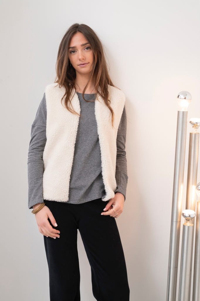T shirt femme col rond evase manche longue coton upcyclé forme oversize jacquard anthracite et gilet reversible dakota