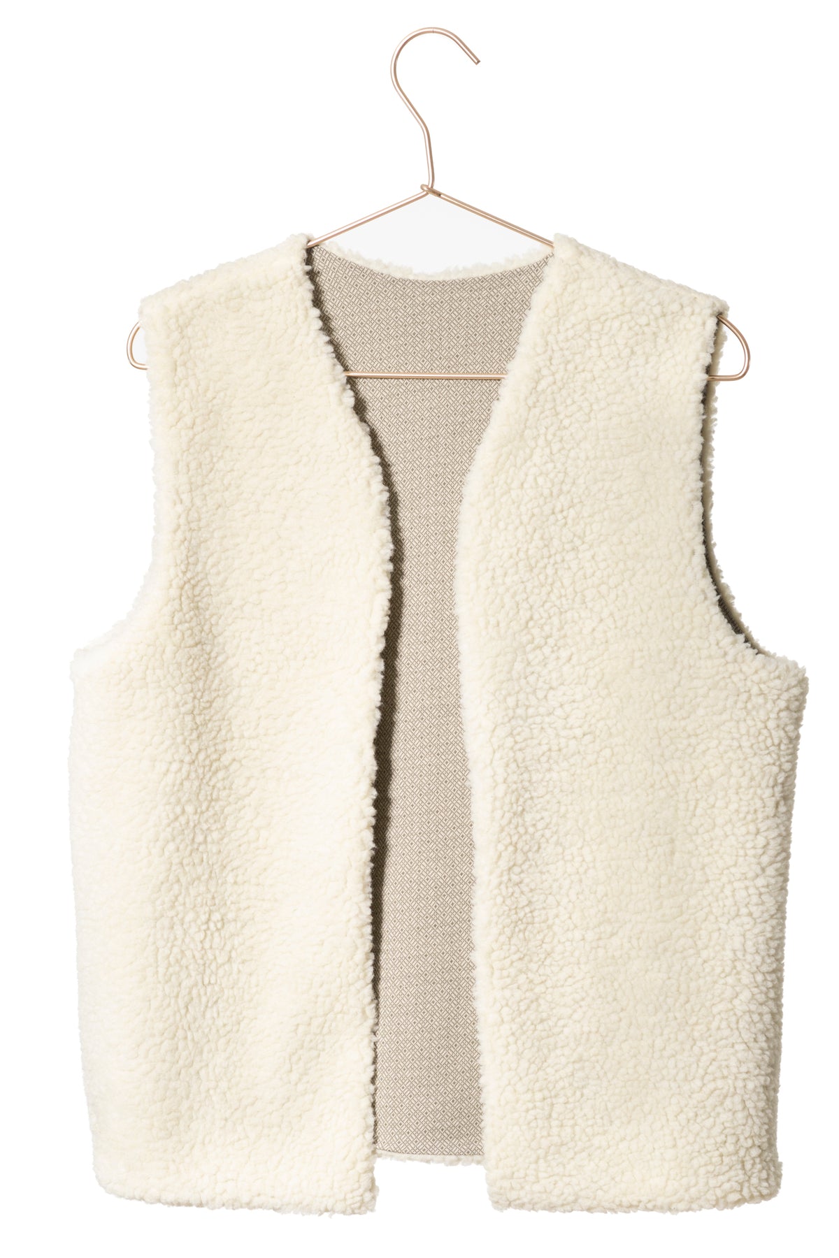 Gilet réversible sans manche en moumoute fausse fourrure veste de berger femme matière upcyclée moumoute écru caresse réversible jacquard vert