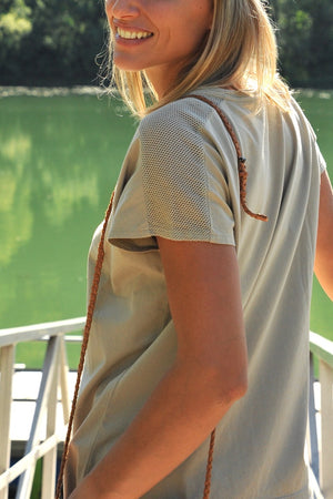 T shirt coton bio eco responsable femme col rond manche courte coupe droite meche sable beige suny