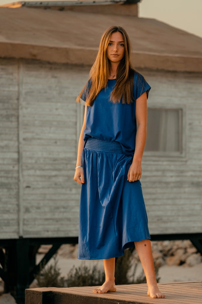 Jupe mi-longue femme fluide smock à la taille jupon smocké jersey de coton bio GOTS éco-responsable robe bustier robe de plage bleu outremer bleu lumineux bleu marine bleu vif bleu majorelle bleu roi