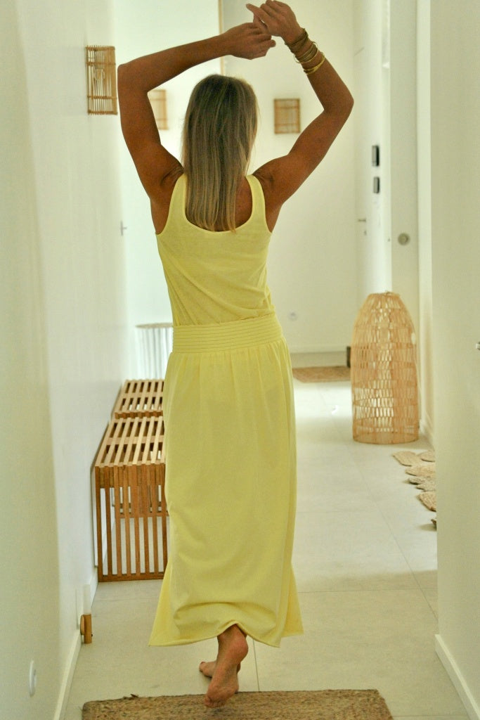 Jupe longue femme fluide smock à la taille jupon smocké jersey de coton bio GOTS éco-responsable robe bustier robe de plage jaune, jaune clair, jaune d’or