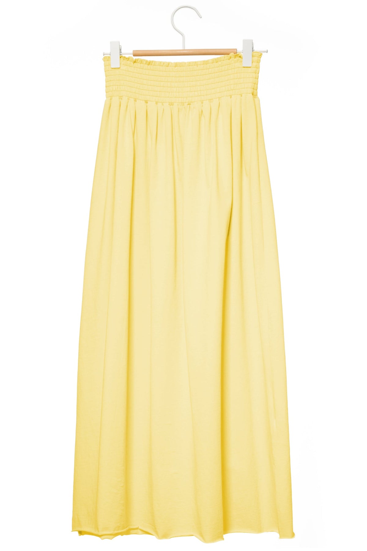 Jupe mi-longue femme fluide smock à la taille jupon smocké jersey de coton bio GOTS éco-responsable robe bustier robe de plage jaune paille