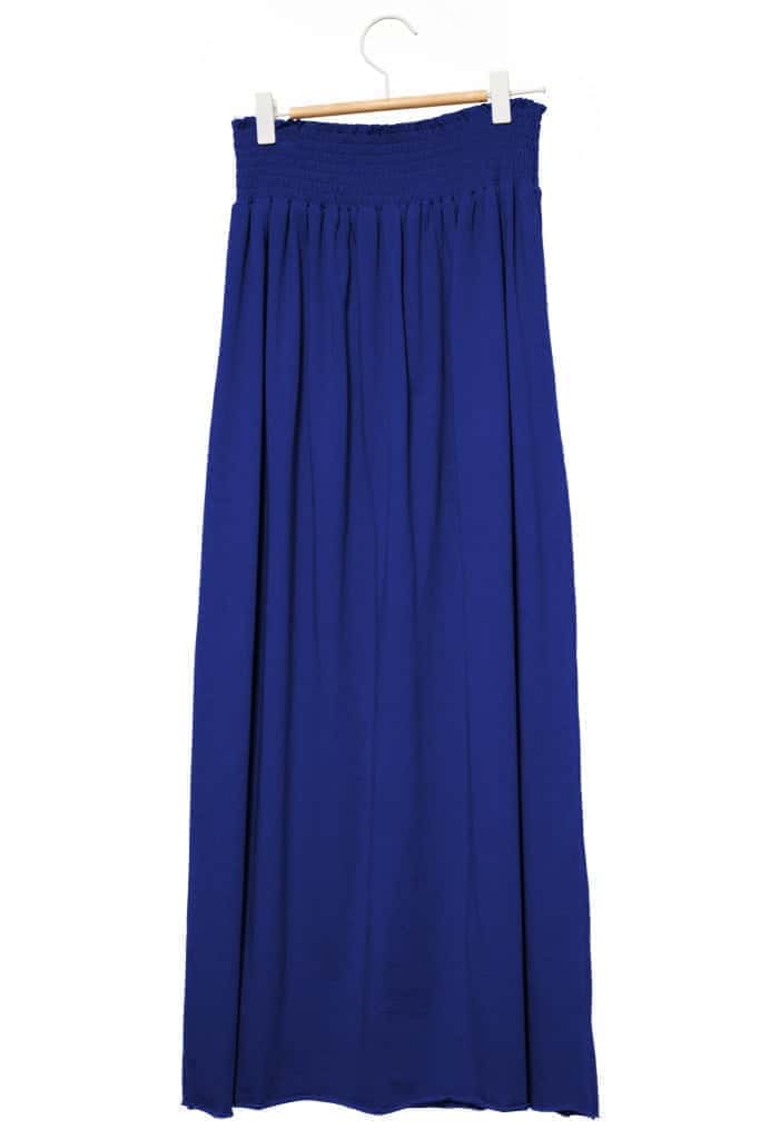 Jupe longue femme fluide smock à la taille jupon smocké jersey de coton bio GOTS éco-responsable robe bustier robe de plage bleu outremer, bleu lumineux, bleu foncé