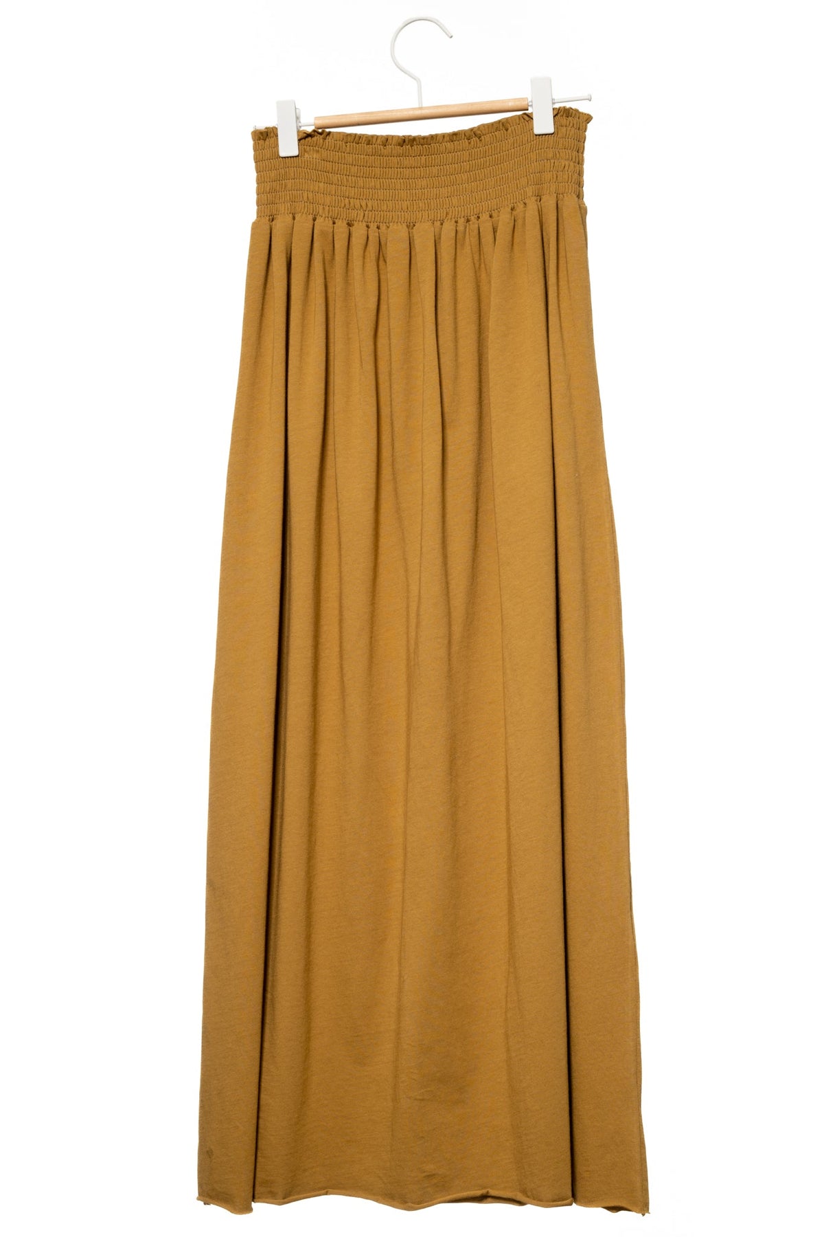 Jupe longue femme fluide smock à la taille jupon smocké jersey de coton bio GOTS éco-responsable robe bustier robe de plage havane, tabac, marron