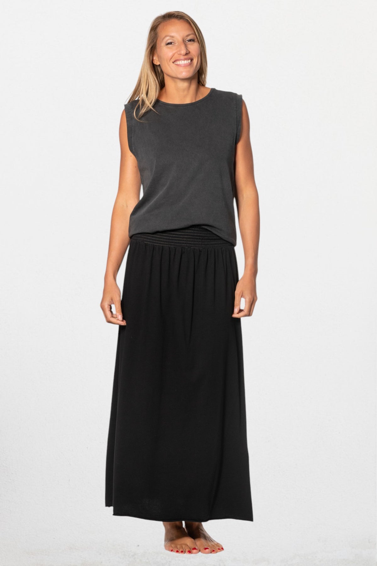 jupe longue en coton bio ceinture élastiquée noire