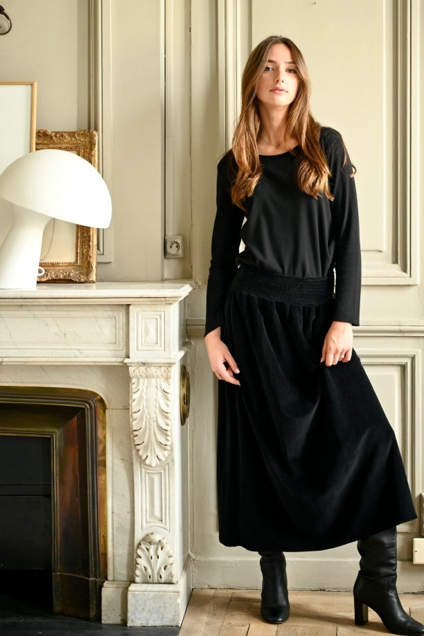 Suny minuit jupe longue velours 100% coton bio noir