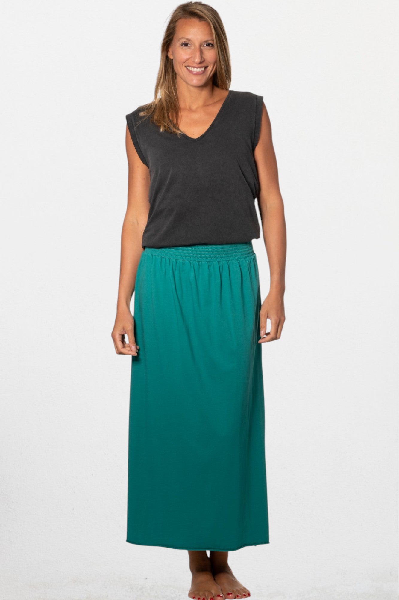 Jupe longue femme fluide smock à la taille jupon smocké jersey de coton bio GOTS éco-responsable robe bustier robe de plage vert émeraude, vert intense, vert lumineux, vert canard, vert bleu, vert vif, vert profond