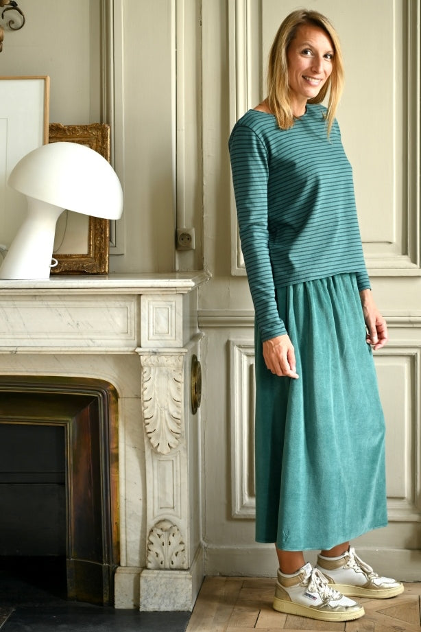 Suny minuit jupe longue velours 100% coton bio vert pin