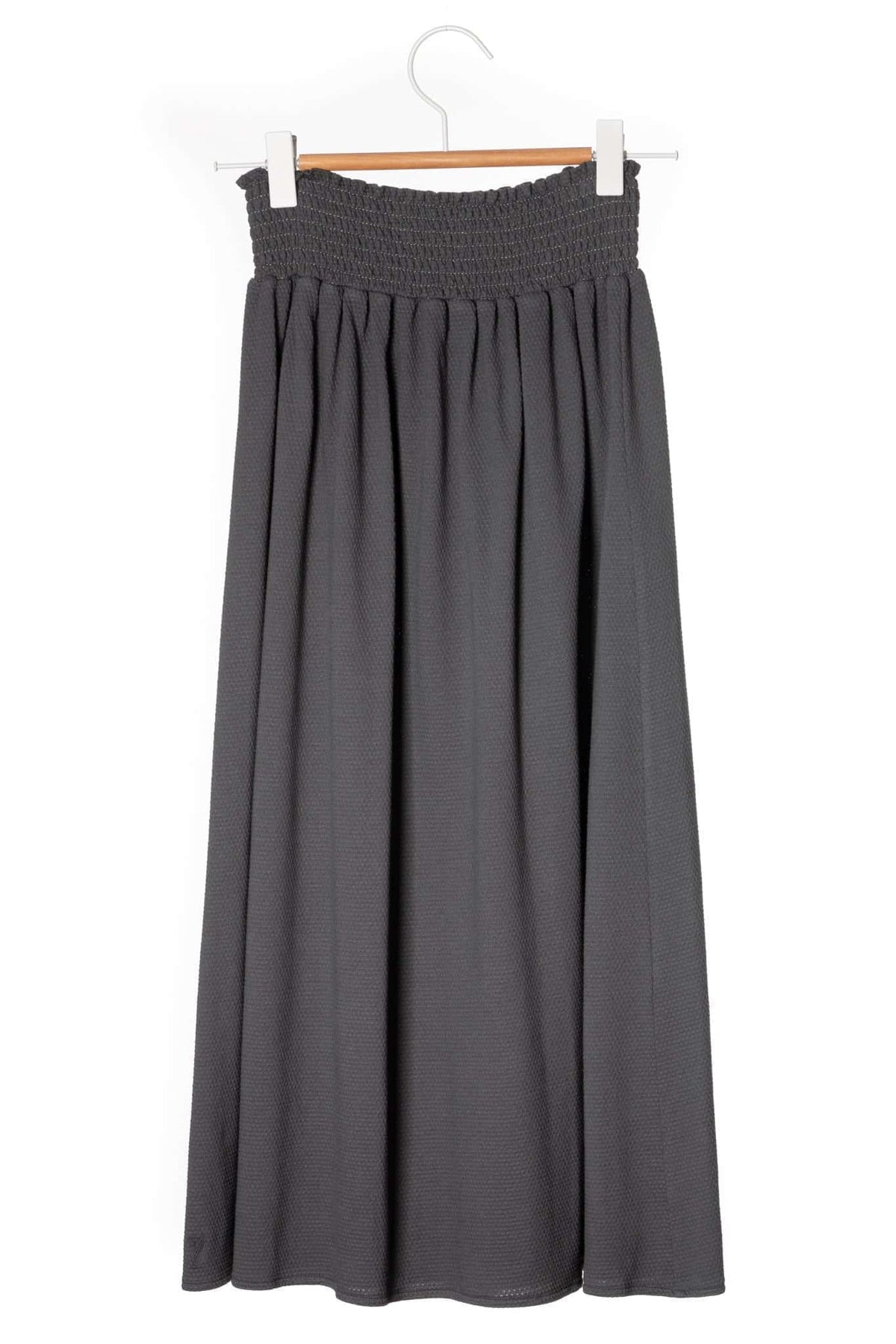 Jupe mi-longue femme fluide smock à la taille jupon smocké jersey de coton bio GOTS éco-responsable robe bustier robe de plage anthracite, gris, gris foncé, gris graphite, charbon
