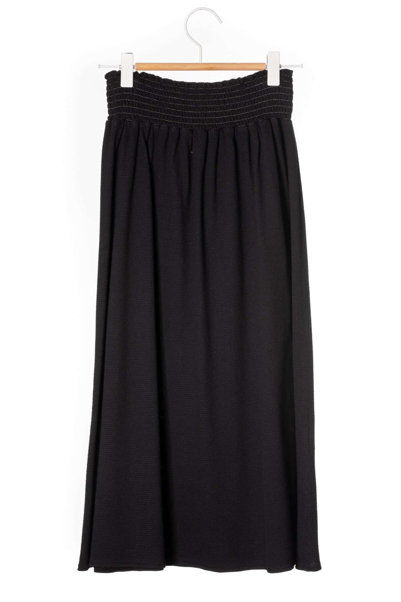 Jupe mi-longue femme fluide smock à la taille jupon smocké jersey de coton bio GOTS éco-responsable robe bustier robe de plage couleur noir, charbon, noir intense