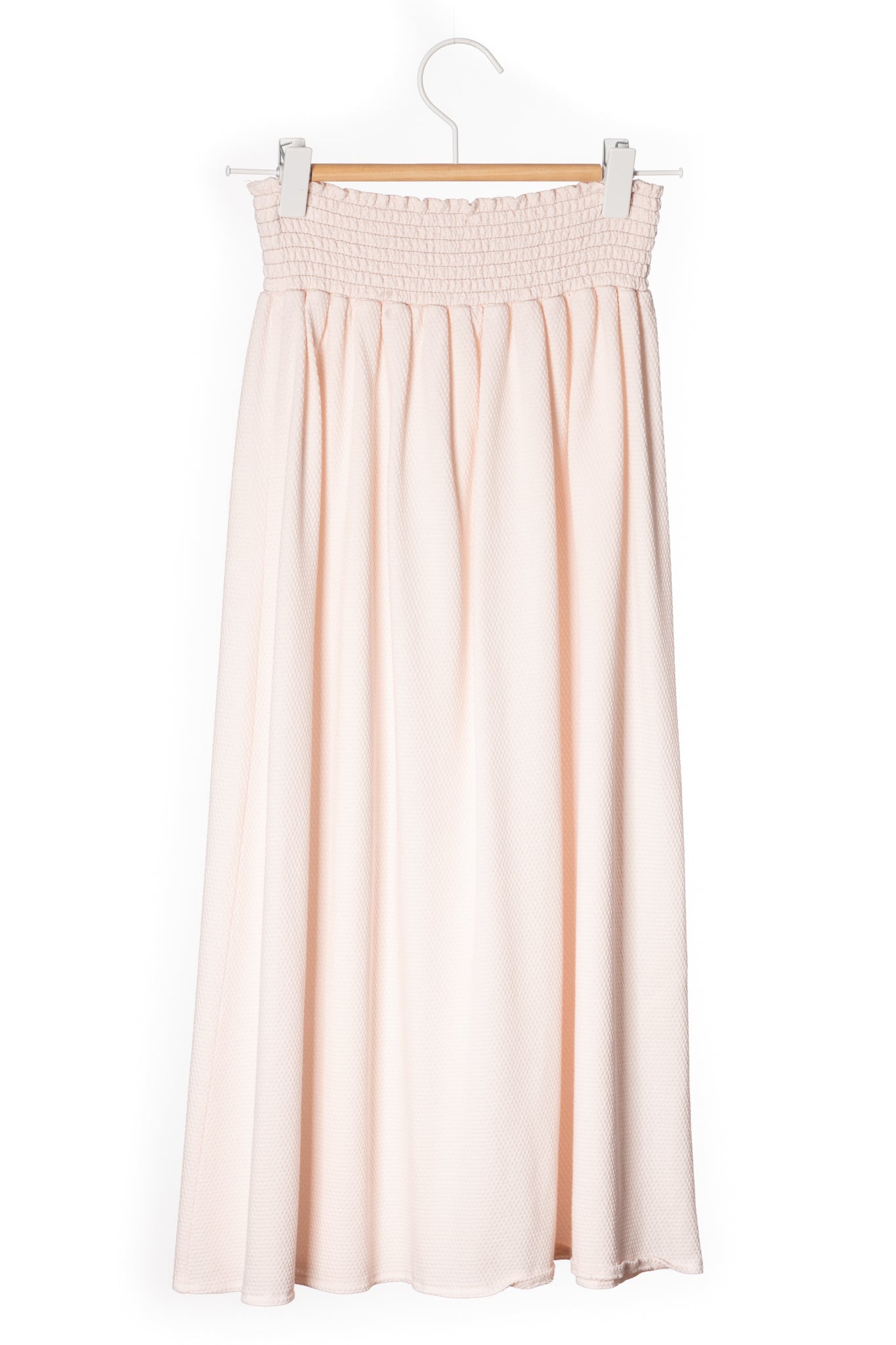 Jupe mi longue femme fluide smock à la taille jupon smocké jersey de coton bio GOTS éco-responsable robe bustier robe de plage rose poudre, rose pale