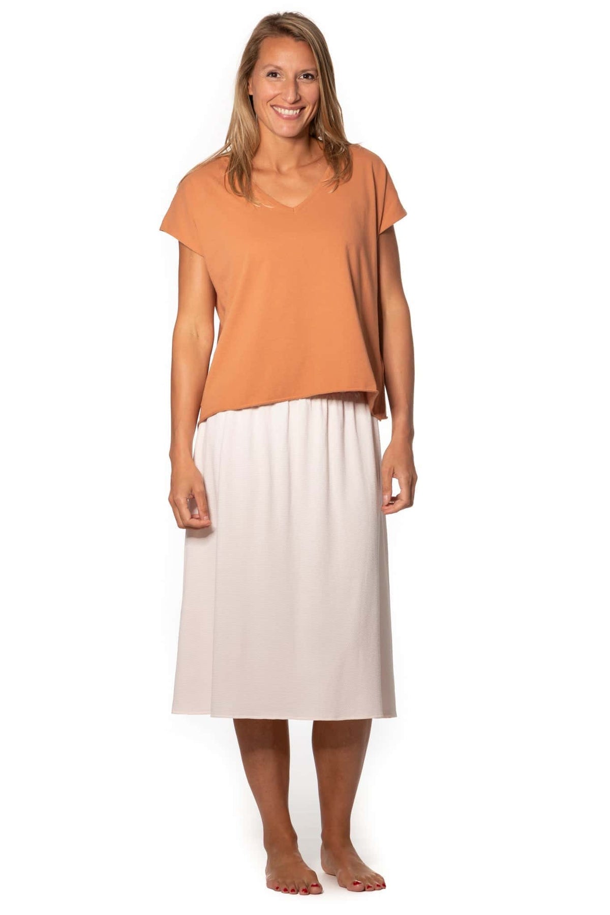 Jupe mi-longue femme fluide smock à la taille jupon smocké jersey de coton bio GOTS éco-responsable robe bustier robe de plage rose poudre, rose pâle, blanc rosé, écru, rose clair