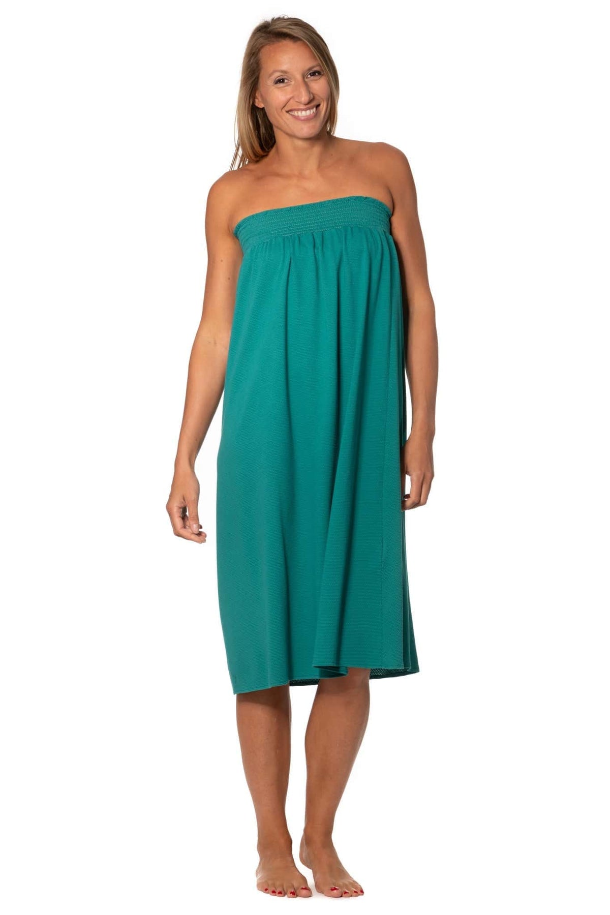 Jupe longue femme fluide smock à la taille jupon smocké jersey de coton bio GOTS éco-responsable robe bustier robe de plage vert émeraude, vert intense, vert lumineux, vert canard, vert bleu, vert vif, vert profond