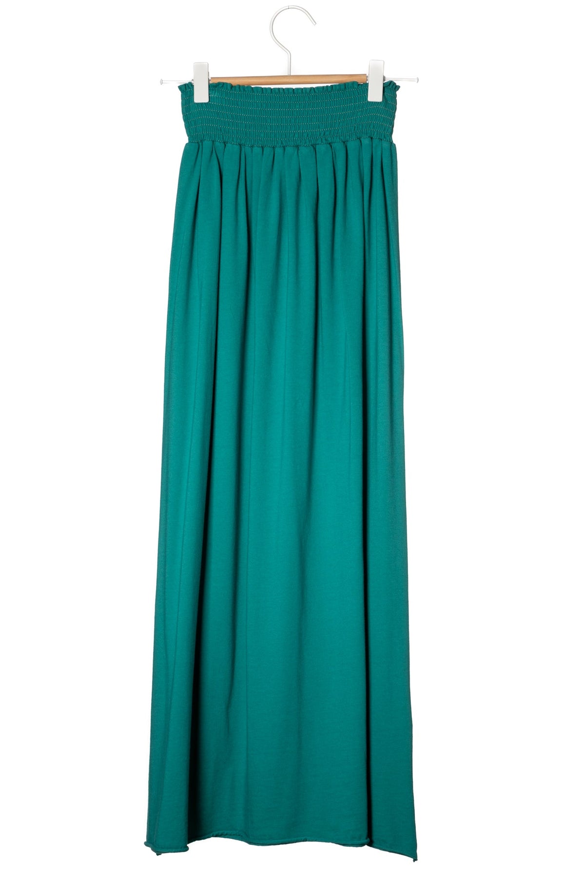 Jupe longue femme fluide smock à la taille jupon smocké jersey de coton bio GOTS éco-responsable robe bustier robe de plage vert émeraude, vert intense, vert lumineux, vert canard, vert bleu, vert vif, vert profond