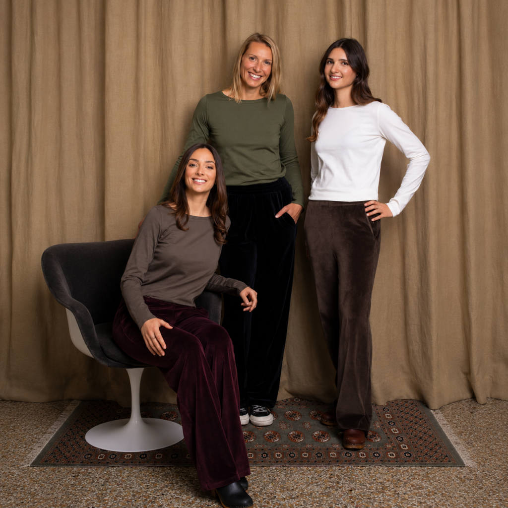 Pantalon Juliette femme en velours bio GOTS, coupe droite large et taille élastiquée Suny