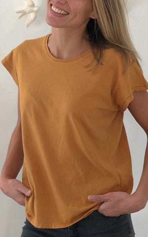 T shirt coton bio eco responsable femme col rond manche courte coupe loose curry uni suny