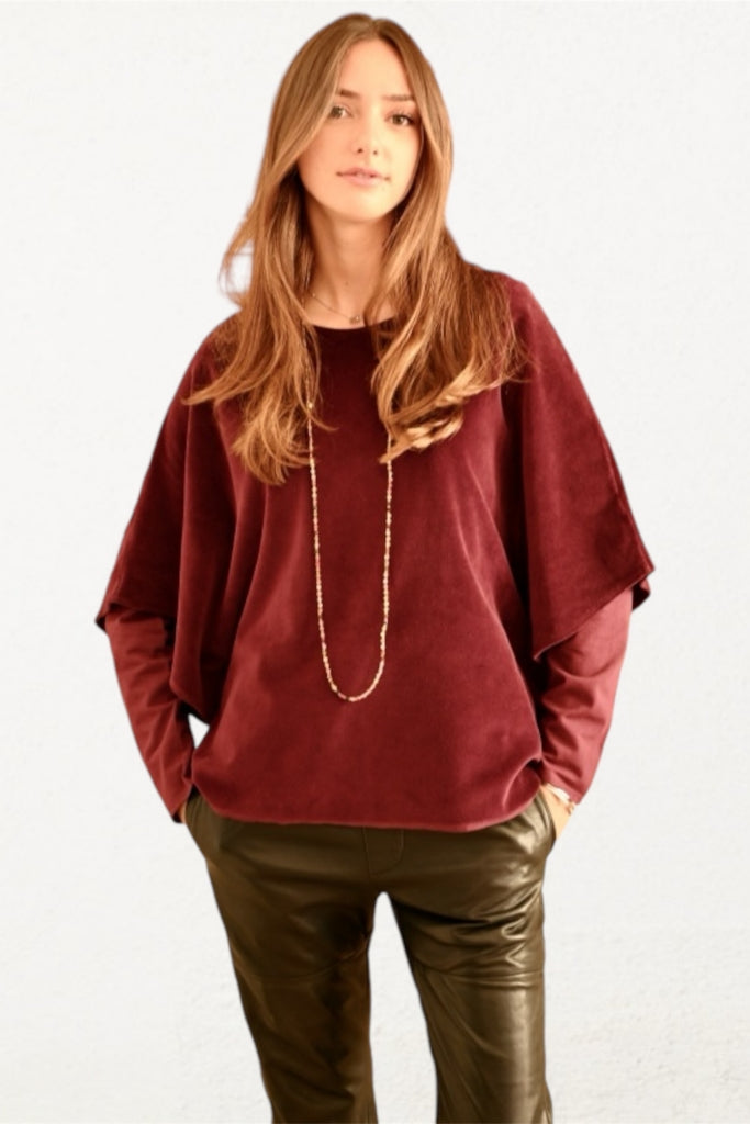 Pull cape manche chauve souris col rond évasé en velours bio certifié GOTS pour femme  prune bordeaux violet 