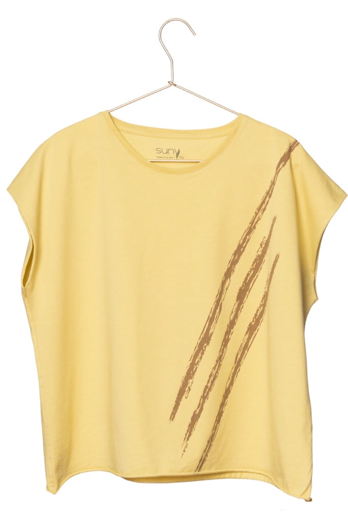 T shirt coton bio eco responsable femme col rond manche courte oversize print graphique jaune