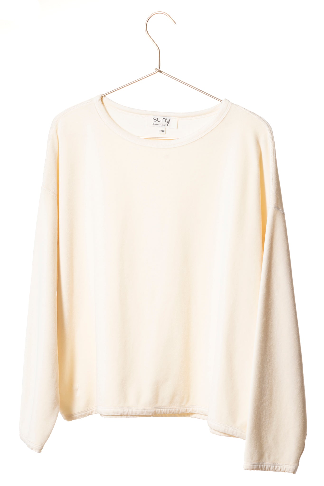 pull femme court et oversize  manche longue col rond velours bio confortable blanc cassé, écru