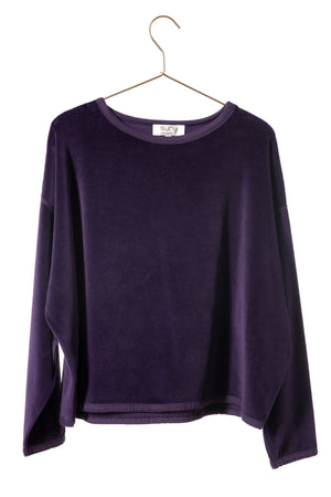 pull femme court et oversize manche longue col rond velours bio confortable violet