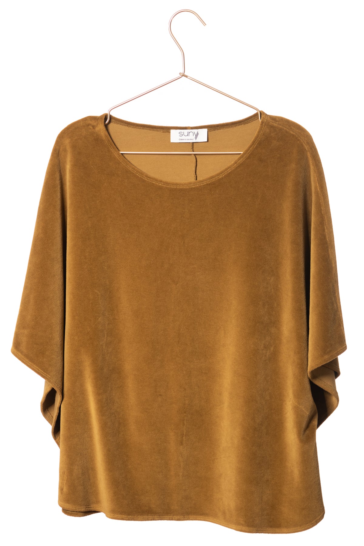 Pull cape manche chauve souris en velours bio certifié GOTS pour femme col rond évasé havane tabac marron