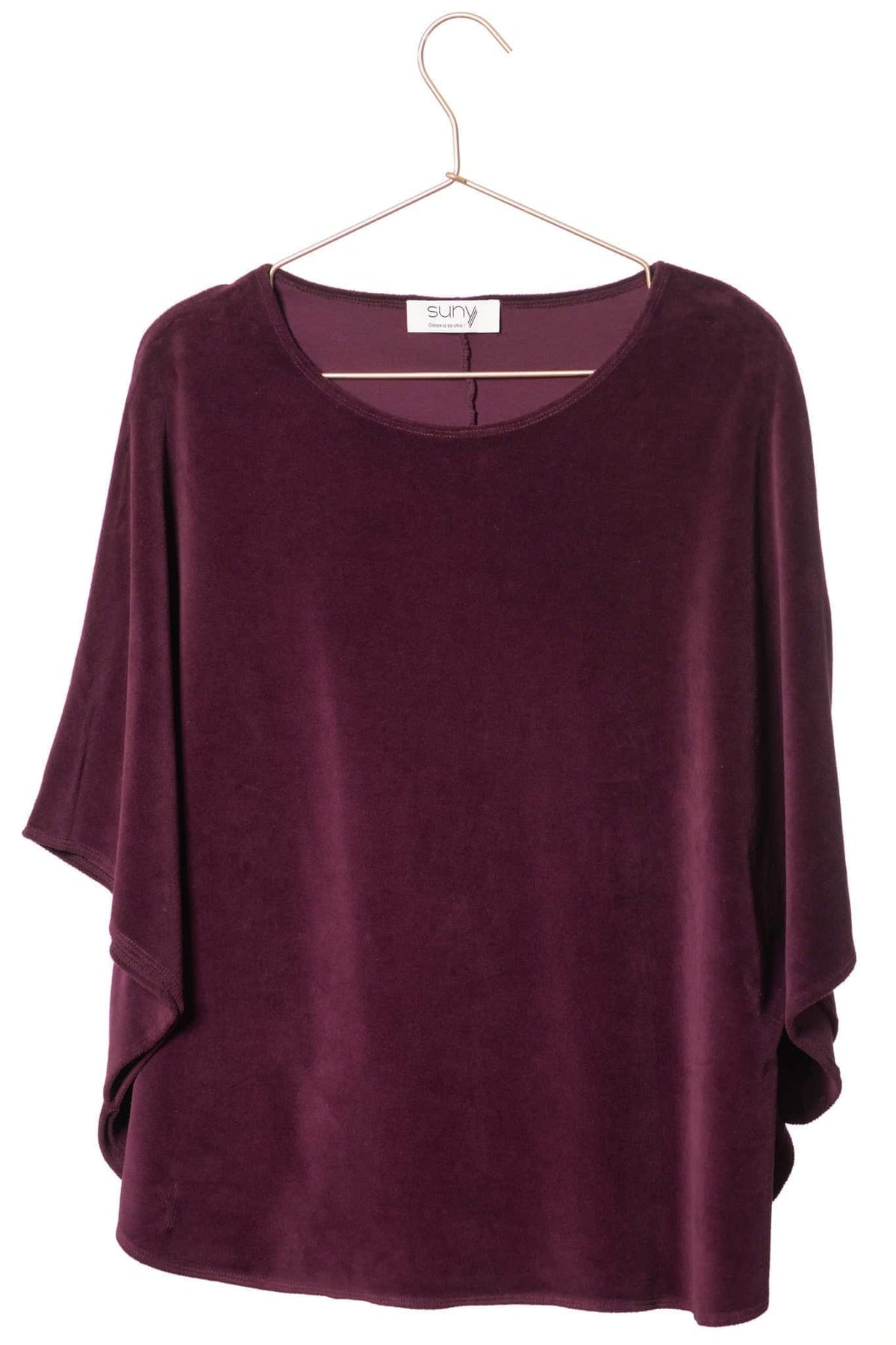 Pull cape manche chauve souris col rond évasé en velours bio certifié GOTS pour femme prune bordeaux violet
