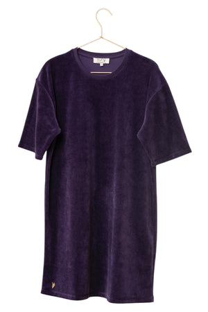 robe courte col rond manche au coude en velours lisse et bio violette