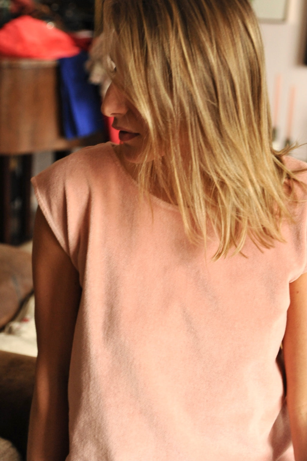 T shirt femme éponge bouclette manche courte coupe droite uni coton bio GOTS eco responsable col rond évasé vieux rose rose rose doux rose ancien rose pâle