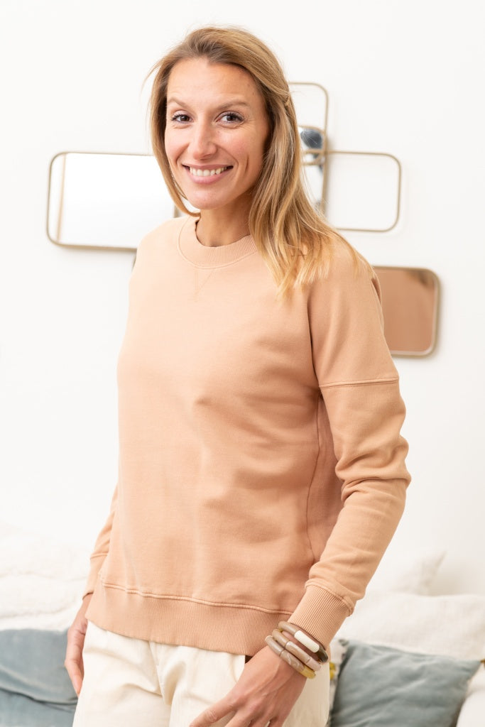 Sweat basique pour femme col rond manche longue manche tombante coton biologique certifié GOTS molleton rose des sables, rose doux, rose corail, rose brun, rose orange, vieux rose, rose ancien, rose beige, rose caramel