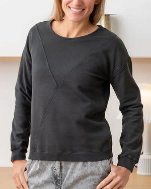  Pull sweat ajusté col rond pour femme en coton bio GOTS eco responsable marque suny noir vieillie fade out