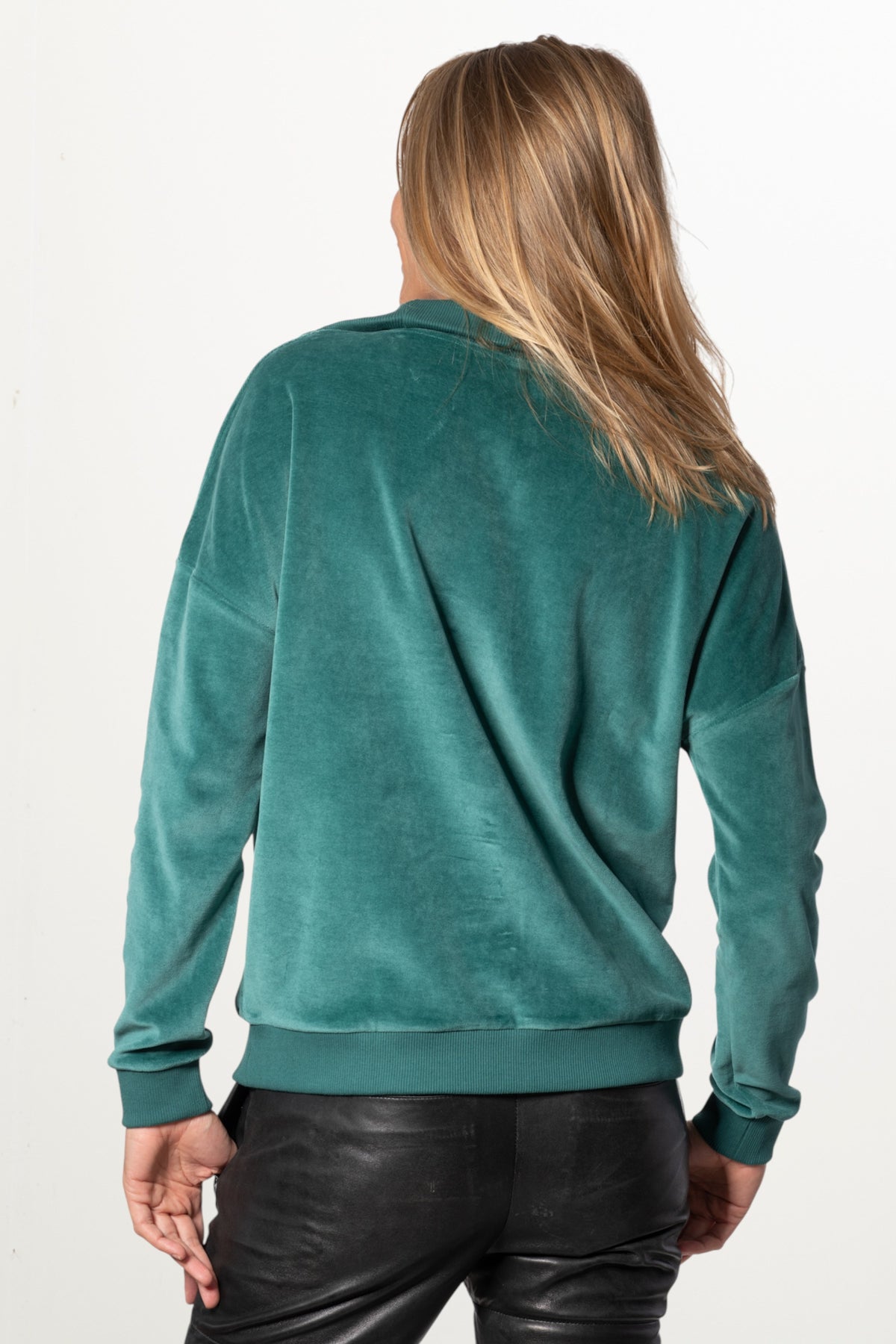 Suny pull camionneur col zippé montant femme velours lisse biologique GOTS vert pin