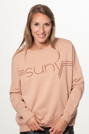 Sweat basique pour femme oversize col rond évasé manche longue manche tombante coton biologique certifié GOTS molleton vieux rose rose doux rose ancien rose pale avec print suny