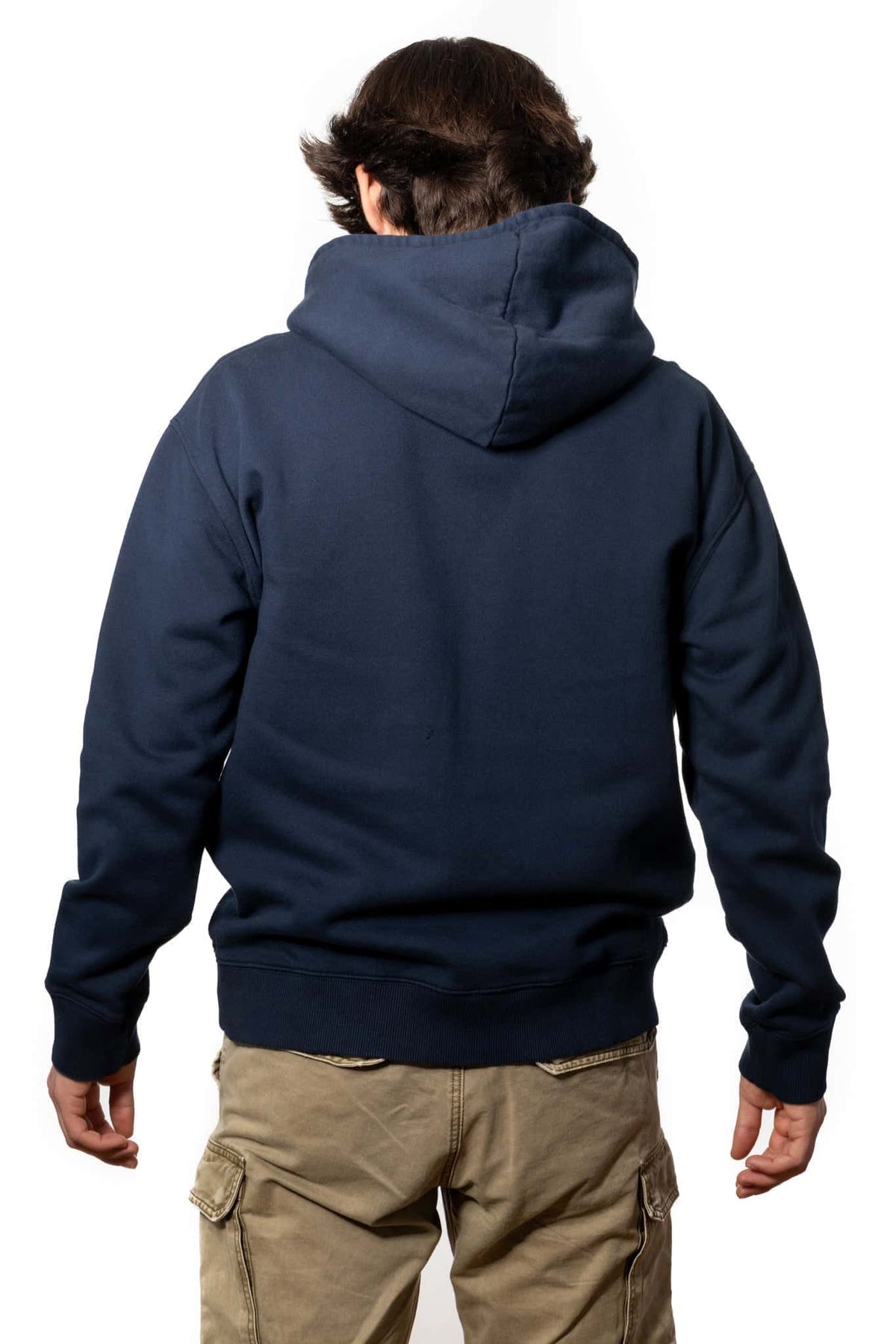 Sweat shirt basique homme coupe droite manche longue et bord-côte aux poignets et bas de corps capuche coton biologique certifié GOTS molleton bleu marine, bleu foncé 