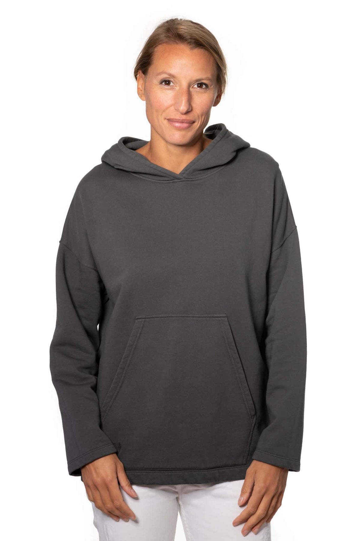 Sweat capuche femme coton bio certifié GOTS hoodie en molleton bio oversize vareuse anthracite, gris, gris foncé, gris graphite, charbon
