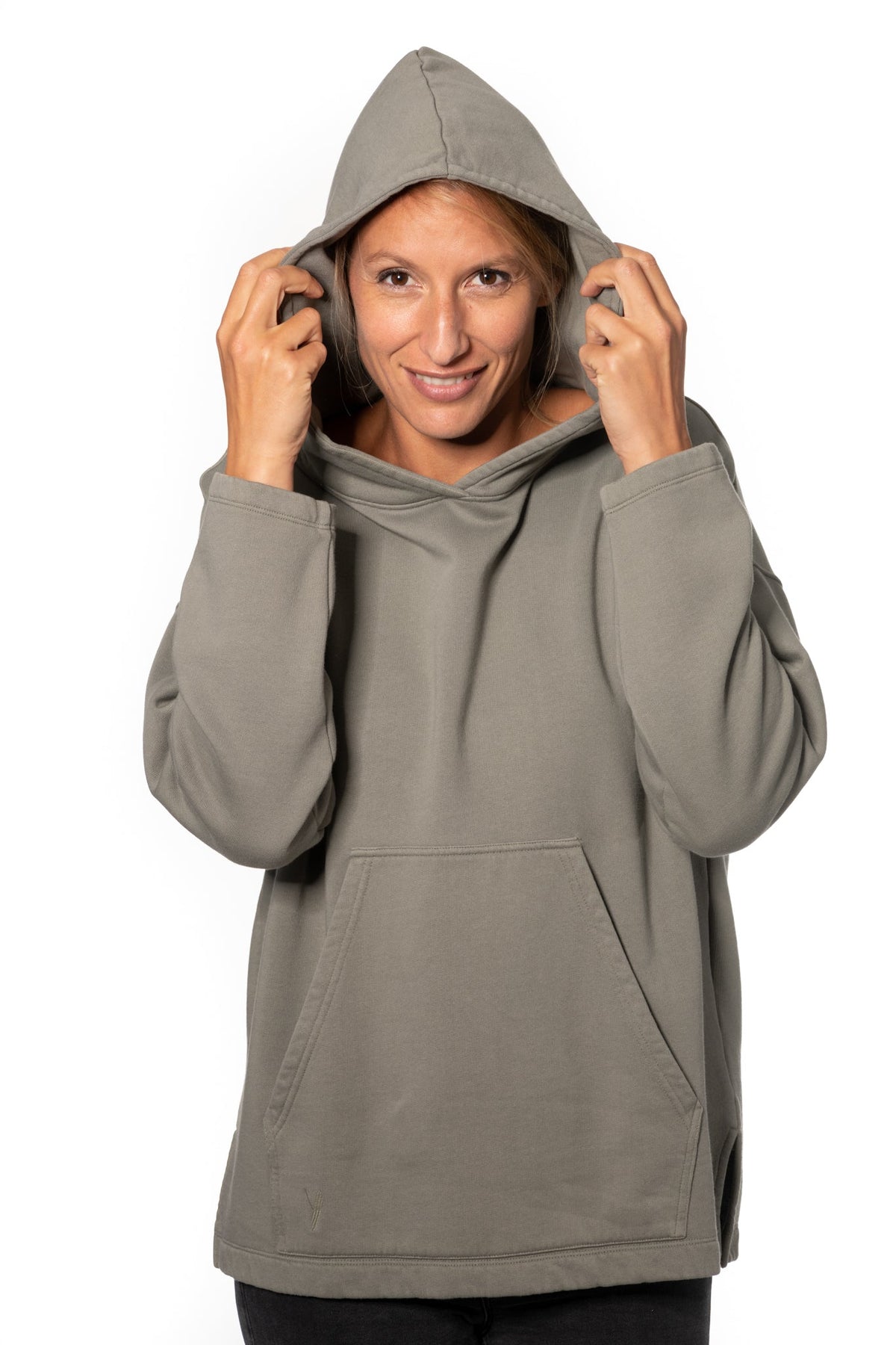 Sweat capuche femme coton bio certifié GOTS hoodie en molleton bio oversize vareuse gris kaki, gris, kaki, vert doux, gris vert 