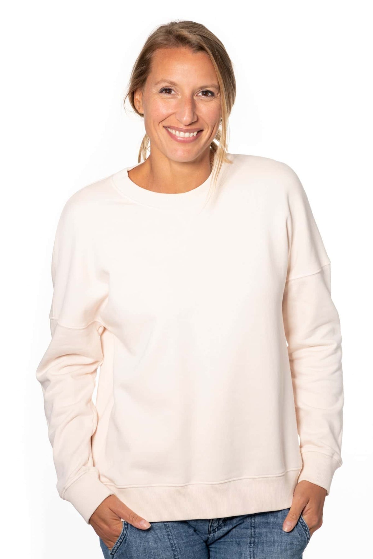 Sweat basique pour femme col rond manche longue manche tombante coton biologique certifié GOTS molleton rose poudre, rose pâle, blanc rosé, écru, rose clair