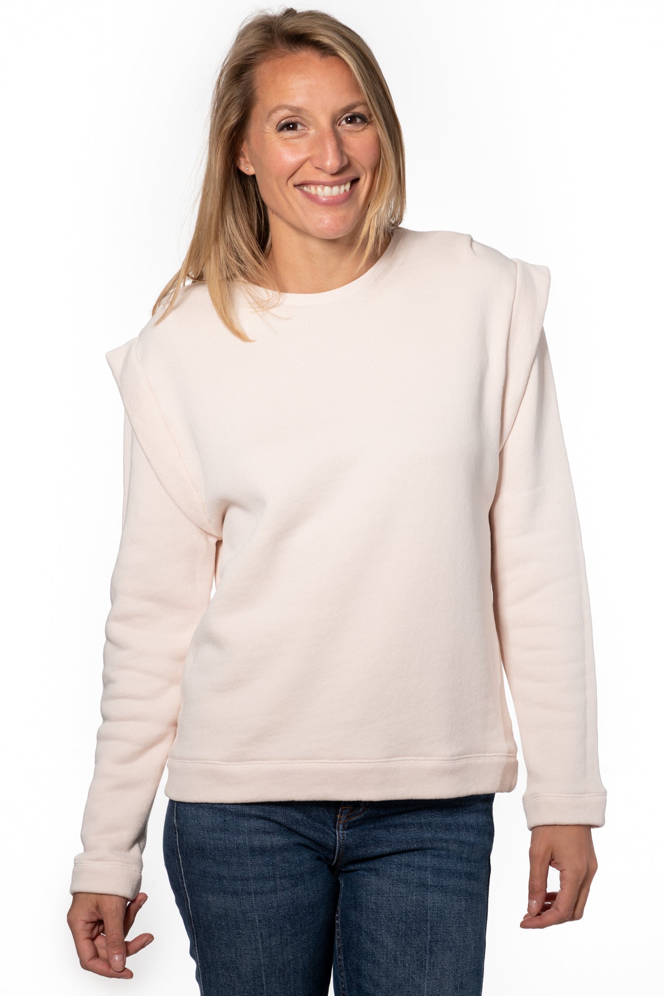 Pull graphique Fabletics Stacey Los Angeles blanc rose taille L B-L Pull graphique Fabletics Stacey Los Angeles blanc rose taille L B-L