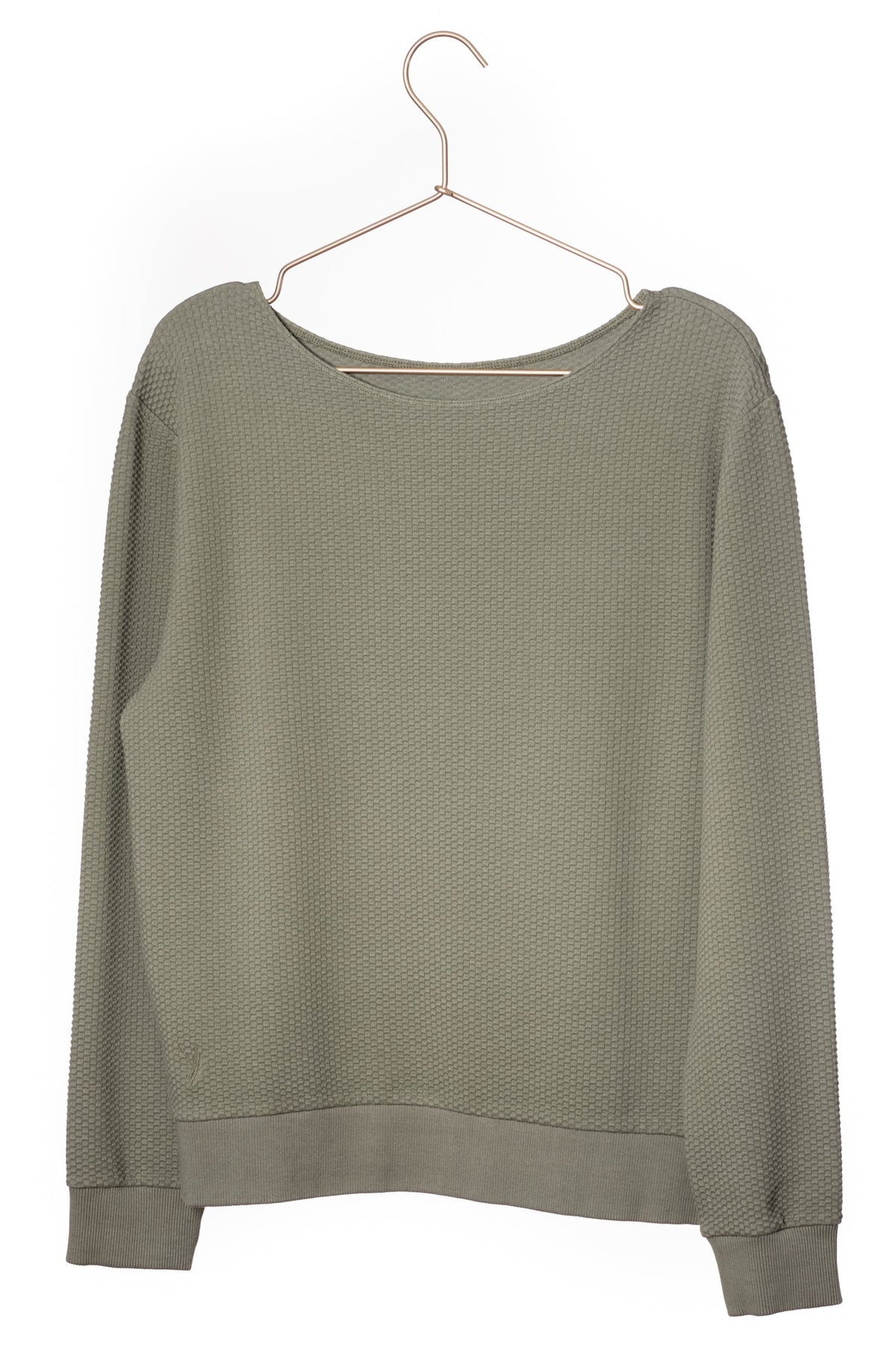 Pull femme manche longue col évasé ajusté en coton bio certifié GOTS gris kaki vert 