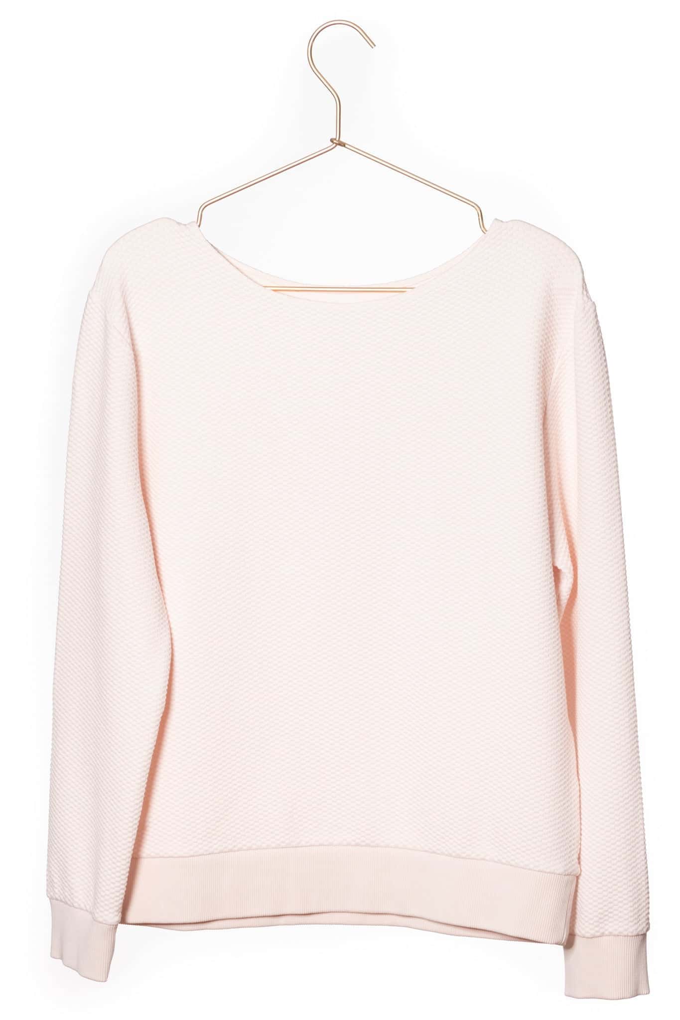 Pull femme manche longue col évasé ajusté en coton bio certifié GOTS rose poudre, rose pâle, blanc rosé, écru, rose clair