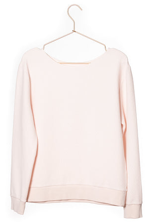 Pull femme manche longue col évasé ajusté en coton bio certifié GOTS rose poudre, rose pâle, blanc rosé, écru, rose clair