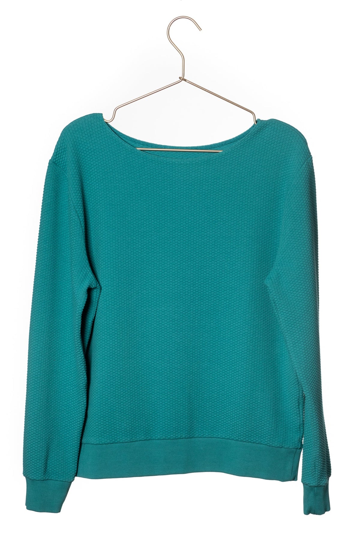 Pull femme manche longue col évasé ajusté en coton bio certifié GOTS vert émeraude, vert intense, vert lumineux, vert canard, vert bleu, vert vif, vert profond
