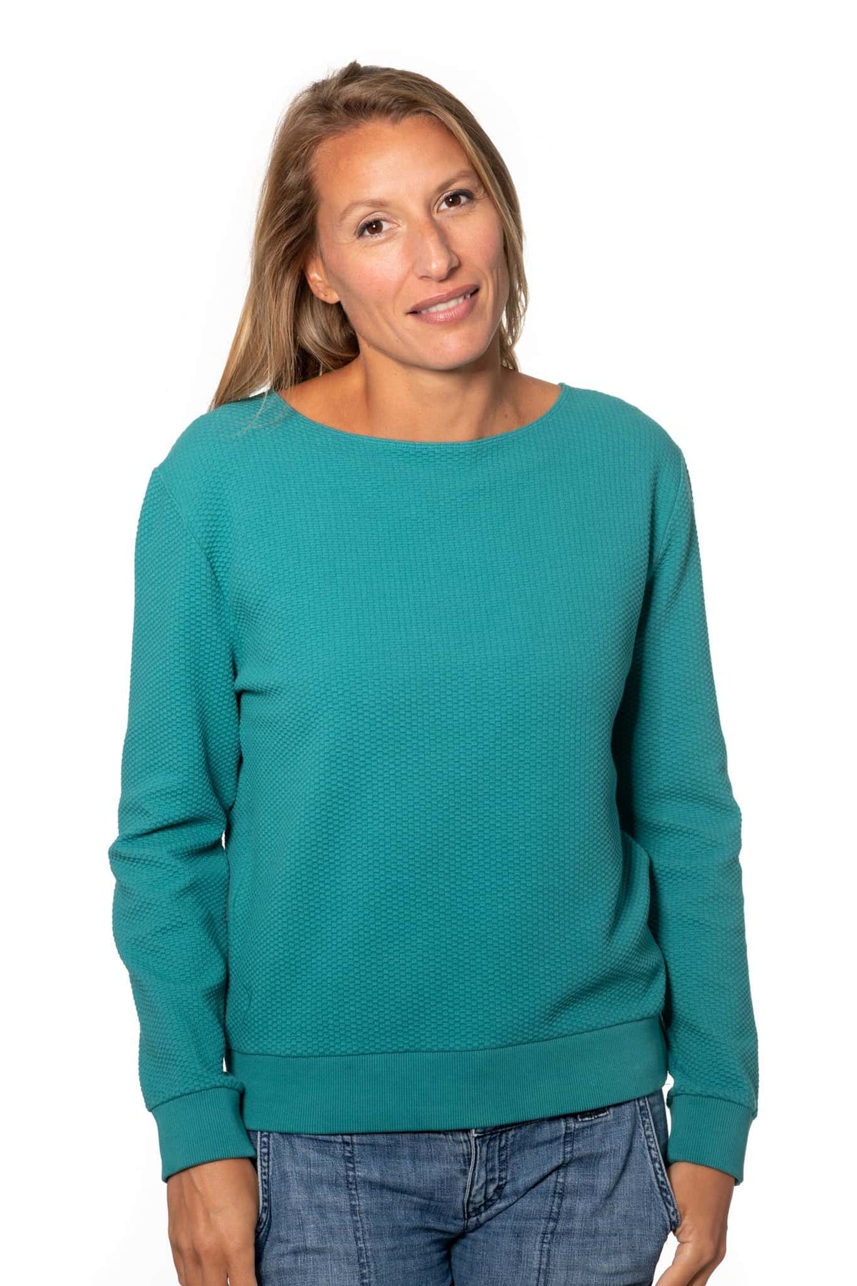 Pull femme manche longue col évasé ajusté en coton bio certifié GOTS vert émeraude, vert intense, vert lumineux, vert canard, vert bleu, vert vif, vert profond