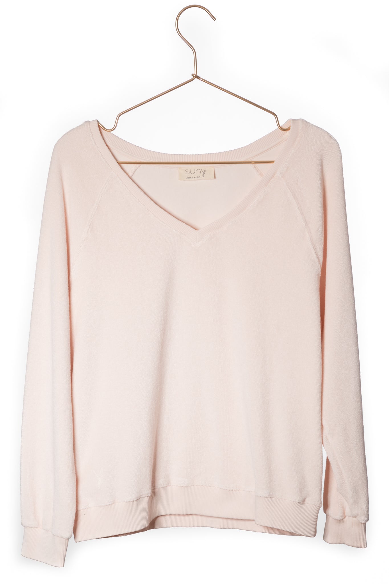 weat femme forme ajustée coton bio éco responsable et GOTS éponge bouclette col V rose poudre, rose pâle, blanc rosé, écru, rose clair