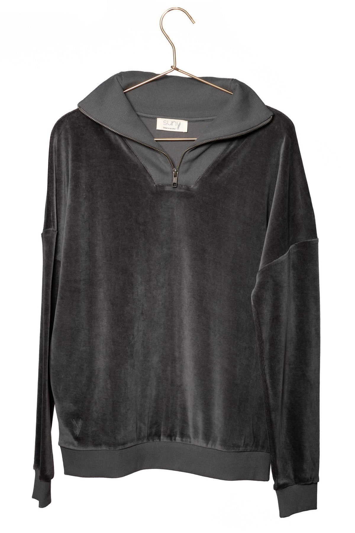 Suny pull camionneur col zippé montant femme velours lisse biologique GOTS anthracite gris foncé