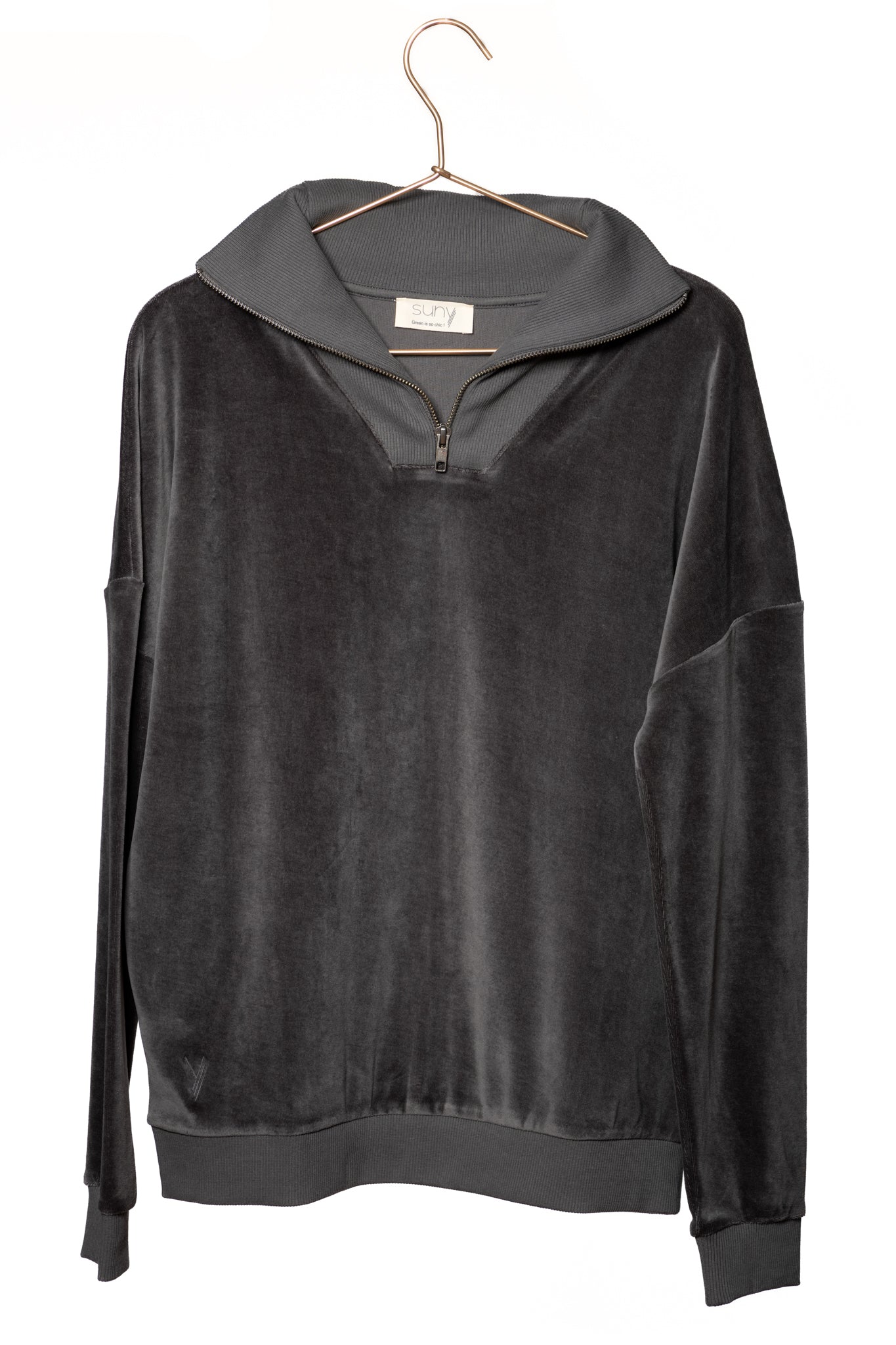 Suny pull camionneur col zippé montant femme velours lisse biologique GOTS anthracite gris foncé